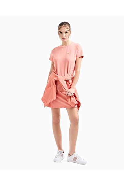 EA7 Γυναικείο ελαστικό βαμβακερό ύφασμα ζέρσεϊ με στρογγυλή λαιμόκοψη κοντό ροζ φόρεμα 7W 000084   AF12484-U4076