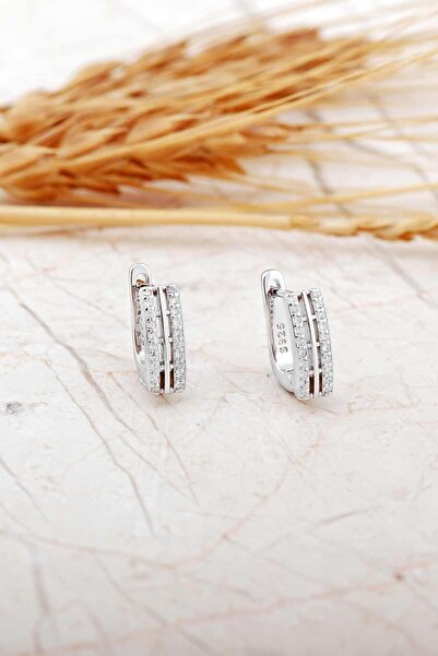 Sümer Telkari Taşlı Tasarım Rodyumlu Gümüş J Küpe 7343