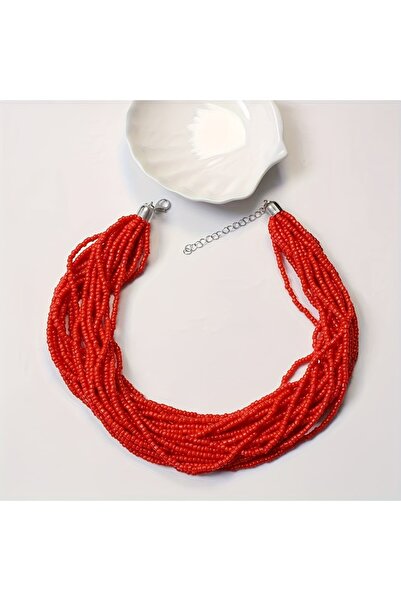 Choice قلادة بوهيمية أنيقة من الخرز الزجاجي متعدد الخيوط باللون الأحمر النابض...