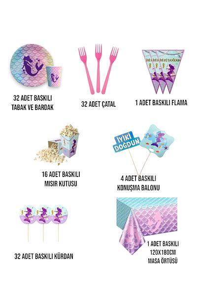 Evabrite 32 People Mermaid Birthday Party Supplies Kit