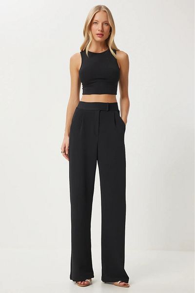 MODASPARK Black Lycra Velcro Closure Women's Palazzo Trousers