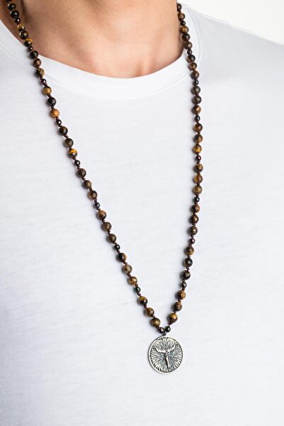 So CHIC... Hematit ve Kaplan Gözü Taşlı 80 Cm Gümüş Erkek Kolye