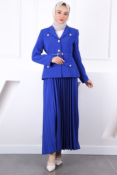 İmajButik Saks Μπλε Ζώνη Μπουφάν Φούστα Κρεπ Σετ