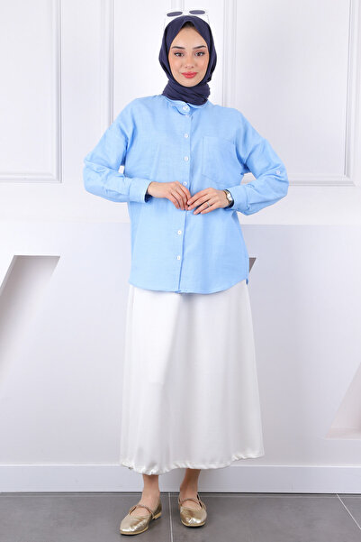 İmajButik Λινό πουκάμισο με μπλε λαβή με κουμπιά