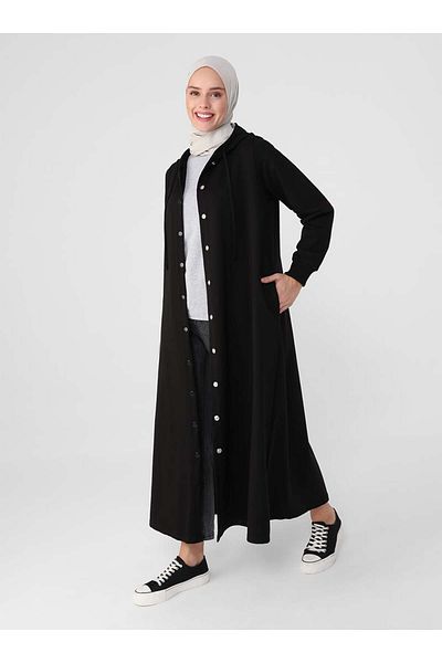 Benin Hood Detailed Snap-On Sports Top Coat - Black -