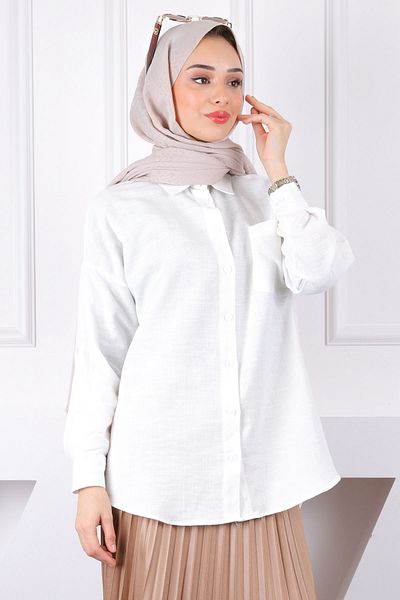İmajButik Λινό πουκάμισο με κρεμ λαβή με κουμπιά