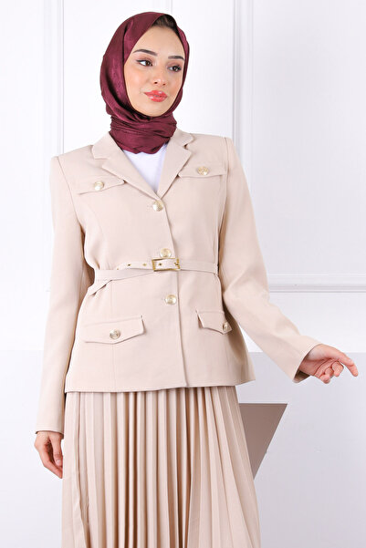 İmajButik Beige Belted Jacket Skirt Crepe Suit