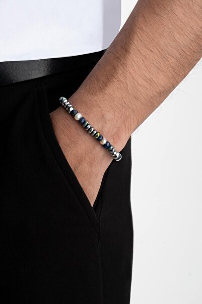 So CHIC... Doğal İnci ve Lapis Taşlı Ayarlanabilir Çelik Erkek Bileklik