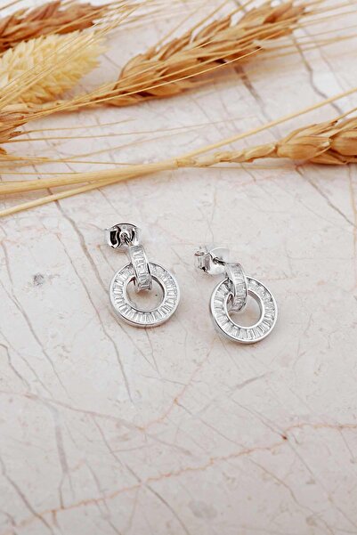 Sümer Telkari Baget Taşlı Halka Rodyumlu Gümüş Küpe 7342