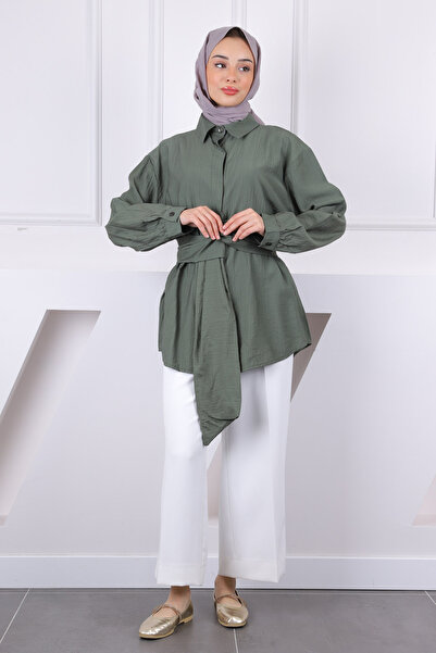İmajButik Khaki Waist Belted Modal Shirt