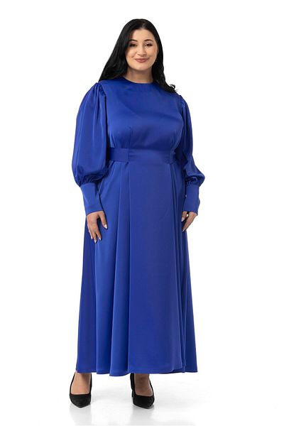 DISENTIS MODEST Large Size Gathered Sleeves Belt Detailed Long Satin Saks Blue Dress