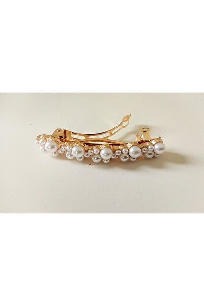 TREND Stylish and Elegant Automatic Clip Barrette with Pearl Row - Hair Accessory with Pearls on Flashy Gold Metal