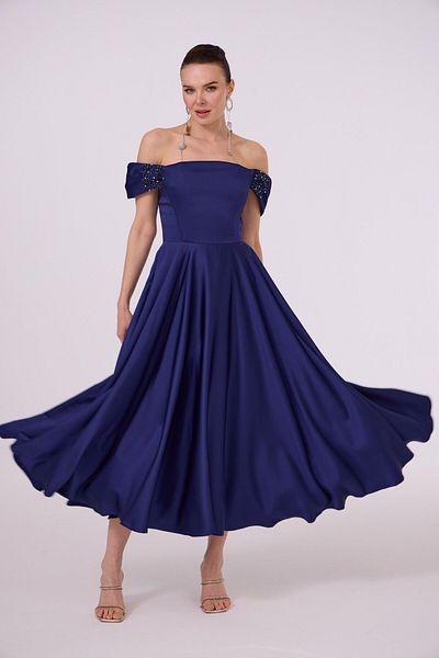 Carmen Navy Blue Low Sleeve Satin Evening Dress