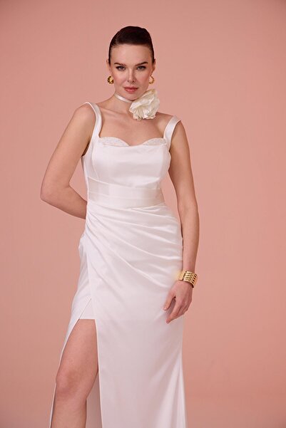 Carmen Beyaz İşlemeli Saten Nikah Elbisesi