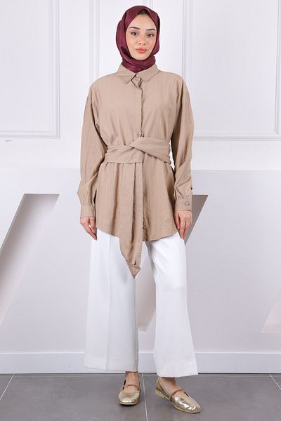 İmajButik Πουκάμισο Modal με ζώνη μινκ