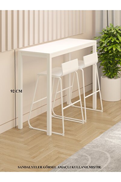 NEATS Beyaz Bar Masası, 45x116, Yüksek Bar Masası, Mutfak Masası, Metal Ayak, Ahşap Yemek Masası 92cm