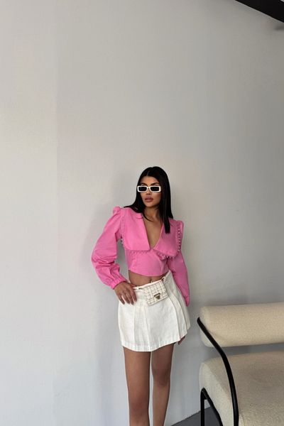 gelirr Crop Poplin Shirt with Collar Edge Lace Detail - Pink