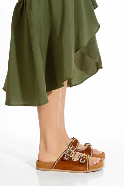 inyola Women's Genuine Suede Leather Stone Detailed Slippers 6306 Black Suede