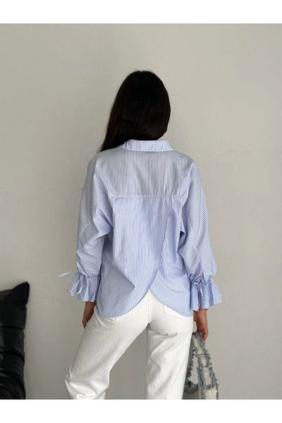 MODAVERA Striped Blouse Shirt with Asymmetrical Slit Cut Detail on the Back - Blue