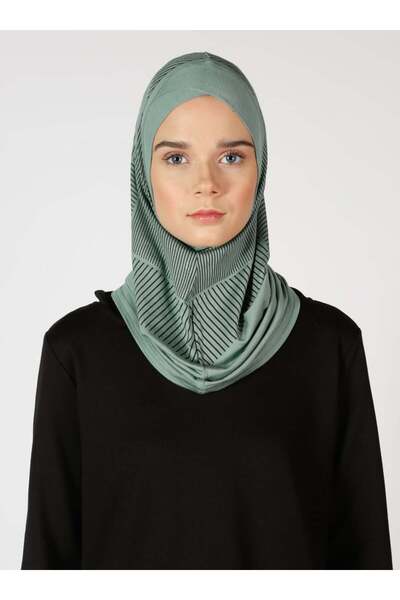 Ecardin Αθλητικό χιτζάμπ με ρίγες και τουρμπάνι - ST308 Çağla Green