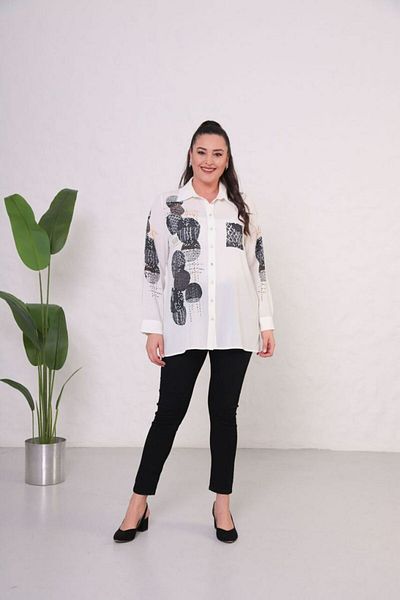 Mezure Patterned Stone Buttoned Large Size Crepe Blouse