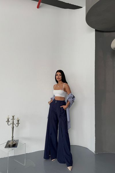 Kokosh moda Casual Front Slit Detailed Waist Belted Trousers - Navy Blue