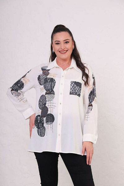 Mezure Patterned Stone Buttoned Large Size Crepe Blouse