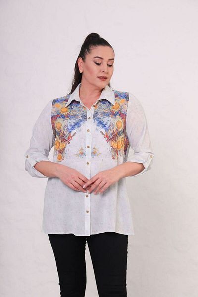 Mezure Patterned Stone Front Buttoned Blouse Large Size