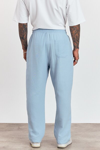 MADZEYMODA Men's Premium Summer Elastic Waist 100% Cotton Baby Blue Woven Trousers Ls-23100