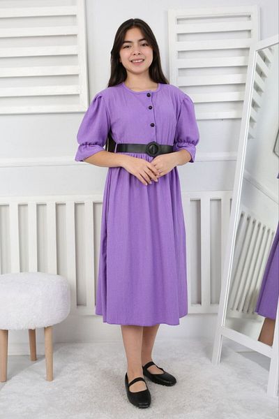 ABİYEKİDS Blue Girl Dress - Buttoned Belted Twist Lilac Fabric