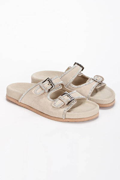 inyola Women's Genuine Suede Leather Stone Detailed Slippers 6306 Black Suede