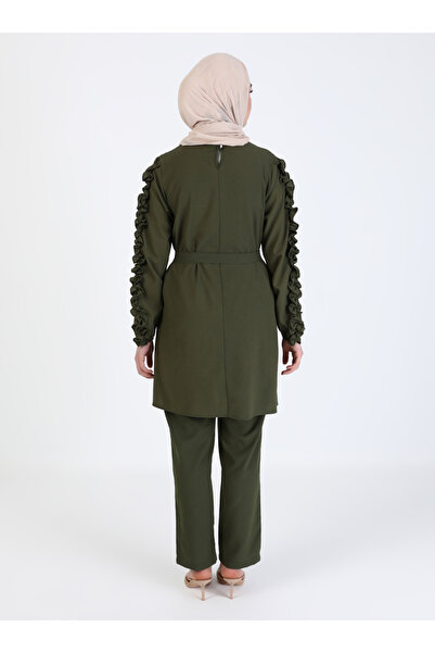 Tavin Belted Tunic Trousers with Ruffled Sleeves Detail Double Set-khaki-