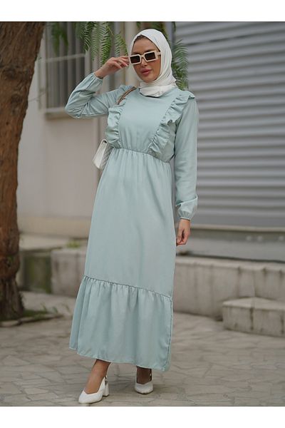Por La Cara Long Mint Green Dress with Chest Ruffle