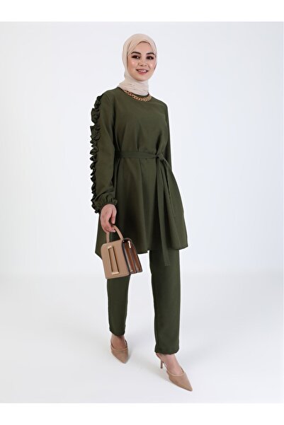 Tavin Belted Tunic Trousers with Ruffled Sleeves Detail Double Set-khaki-