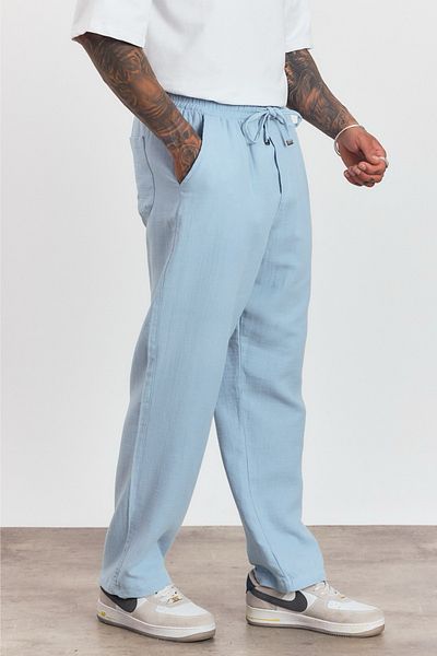 MADZEYMODA Ανδρικό καλοκαιρινό ελαστικό παντελόνι μέσης 100% βαμβακερό μωρό μπλε υφαντό LS-23100