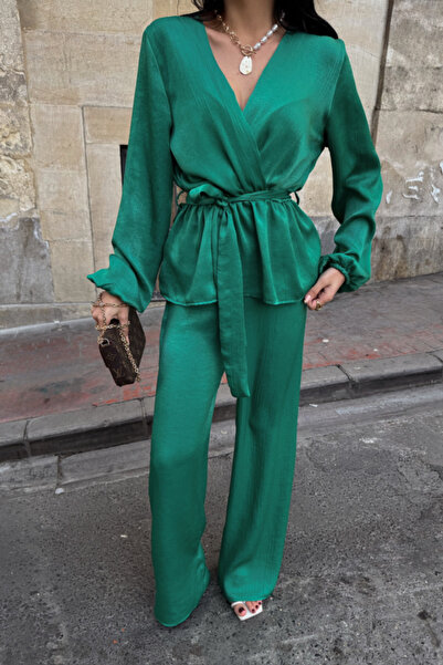 My Reality Fashion Satin Double Breasted Tie Blazer - Pants Suit - Green