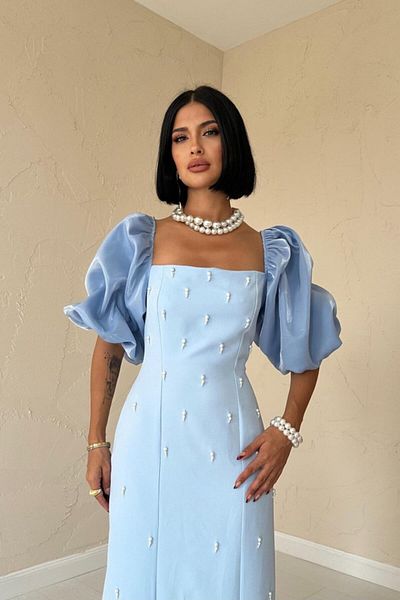 Kokosh moda Rochie cu mâneci brodate albastru baby
