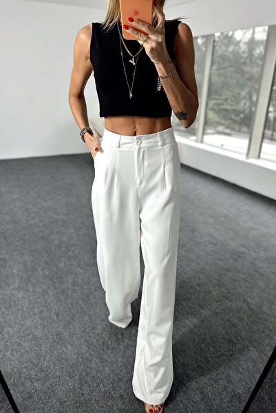 Butik Gardrop High Waist Palazzo Pants with Cinch & Detail, White