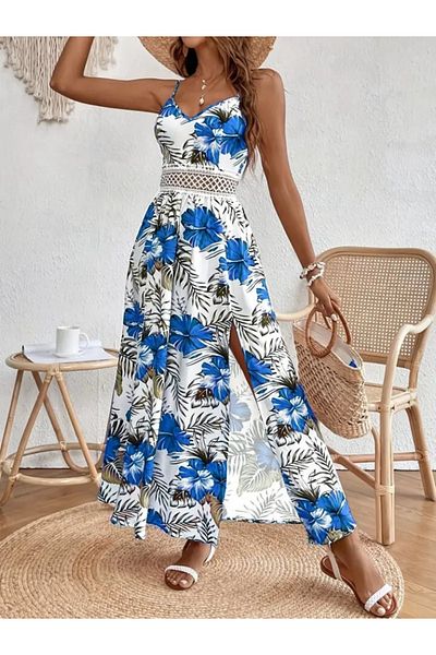 MODAVERA Women's Rope Strap V-Neck Waist Guipure Floral Patterned Side Slit Maxi Single Jersey Dress