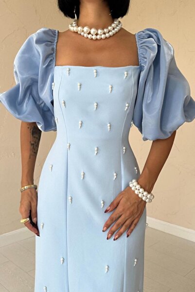 yonca aksesuar Baby Blue Embroidered Sleeve Garnished Dress