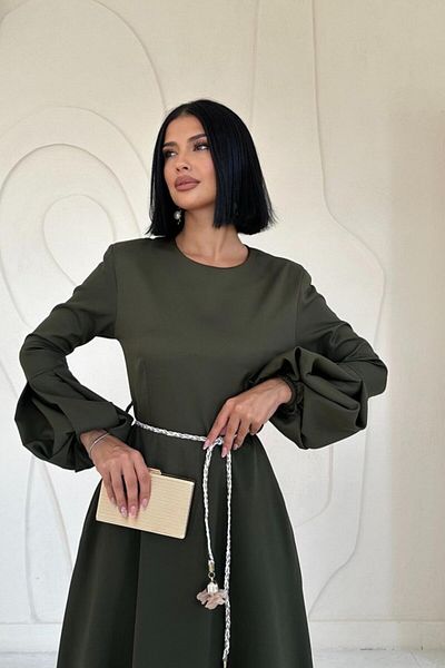 Simala Khaki Balloon Sleeve Belted Dress