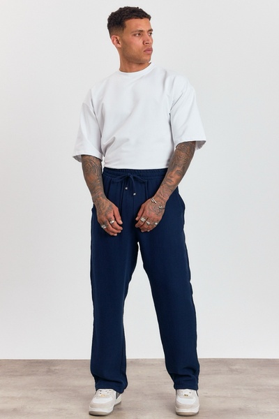 MADZEYMODA Чоловічі преміум літні штани з еластичним поясом, 100% бавовна, темно-сині, LS-23100