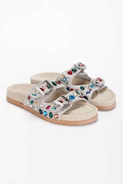 inyola Women's Genuine Suede Leather Stone Detailed Slippers 6305 Beige