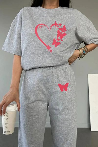 TRENDKUTU LUNAVISTA Γυναικείο Σετ μπλουζάκι Jogger με στάμπα με πεταλούδα με στάμπα με καρδιά - Crew Neck