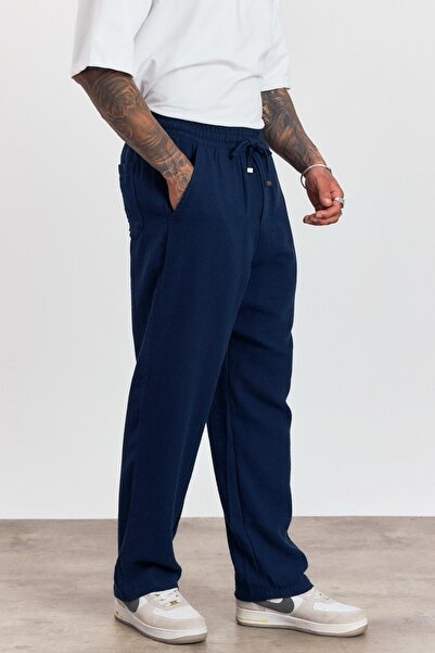 MADZEYMODA Чоловічі преміум літні штани з еластичним поясом, 100% бавовна, темно-сині, LS-23100