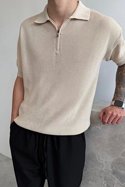 yung Beige Polo Neck Half Zip Knitwear