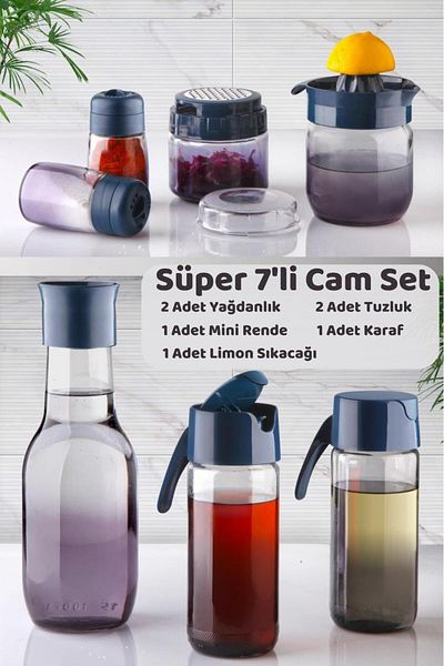 HOMENIVA Navy Blue Rainbow 7-Piece Kitchen Set - Carafe Jug, Oil Grater, Lemon Squeezer and Salt Pot