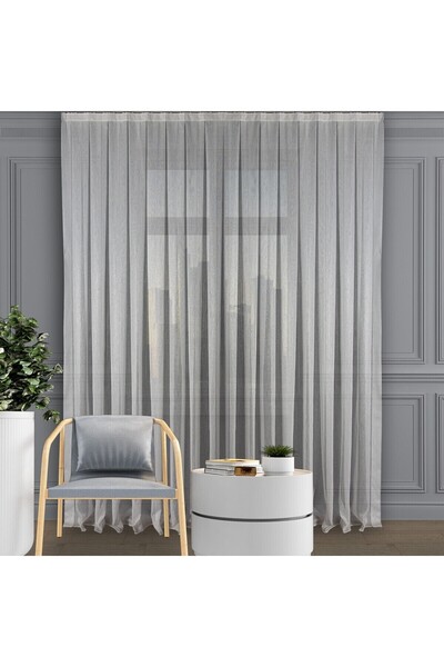 DECO Gümüş Simli İnce Çizgili Tül Perde Pilesiz Extraforlu Düz Dikim