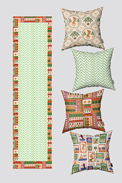 EsnafAli Set de 4 huse de pernă și alergător cu figuri de animale tropicale