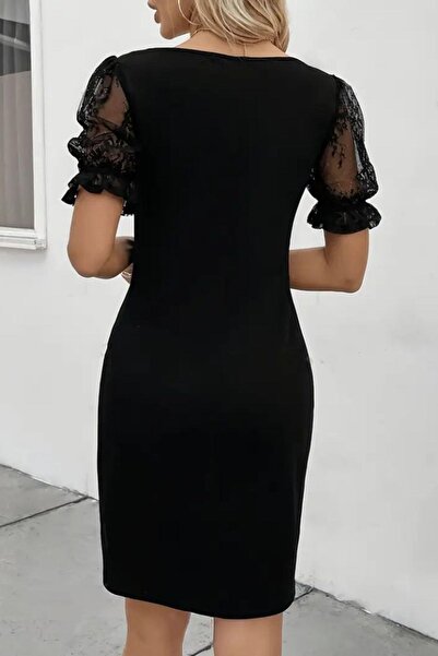 Mossta V-Neck Crepe Dress with Lace Detail on Sleeves Black